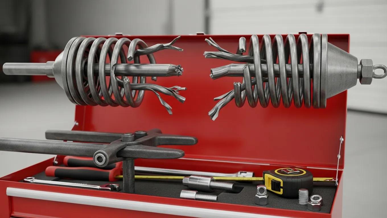 Close-up of broken garage door springs with tools, emphasizing the significance of spring repair in garage door maintenance