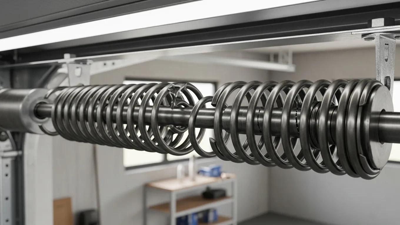 Garage door springs and mechanism showing maintenance needs and functionality