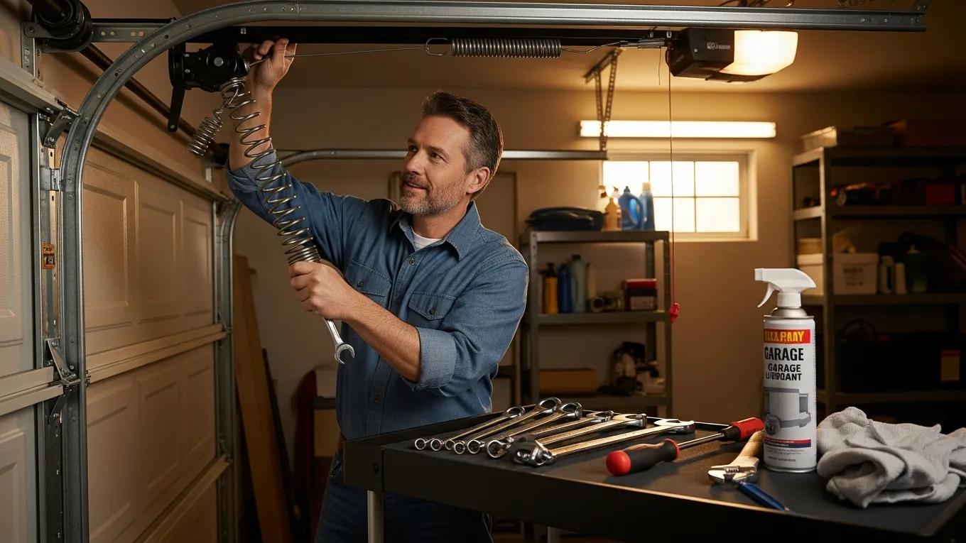 Homeowner checking garage door tension and applying lubricant as part of maintenance