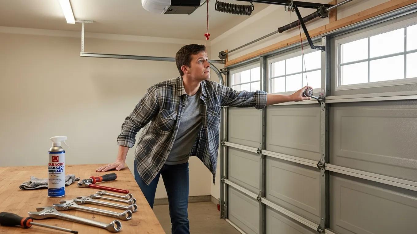 Homeowner inspecting a noisy garage door with tools, emphasizing garage mechanics