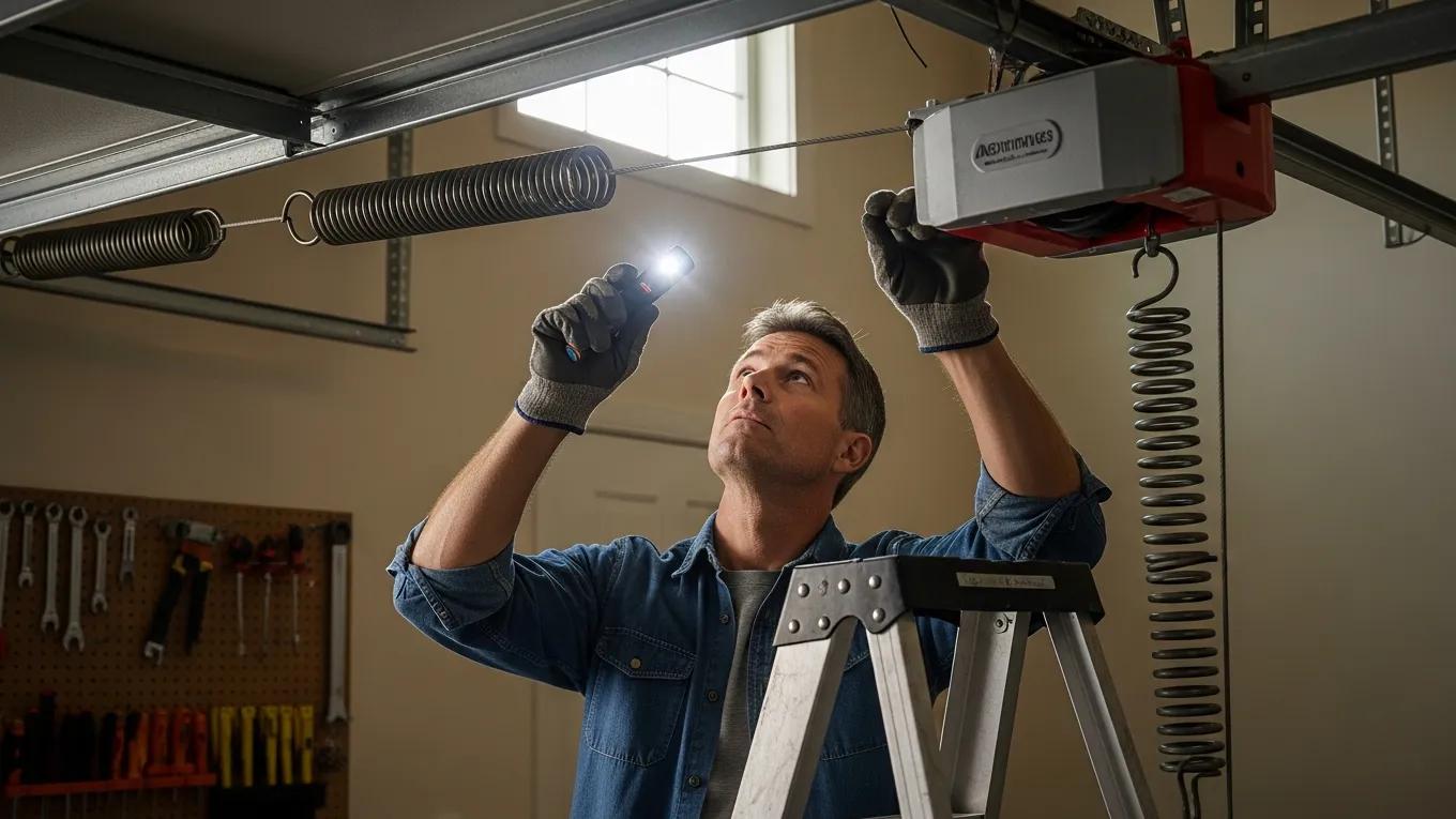 Homeowner performing garage door spring maintenance and inspection