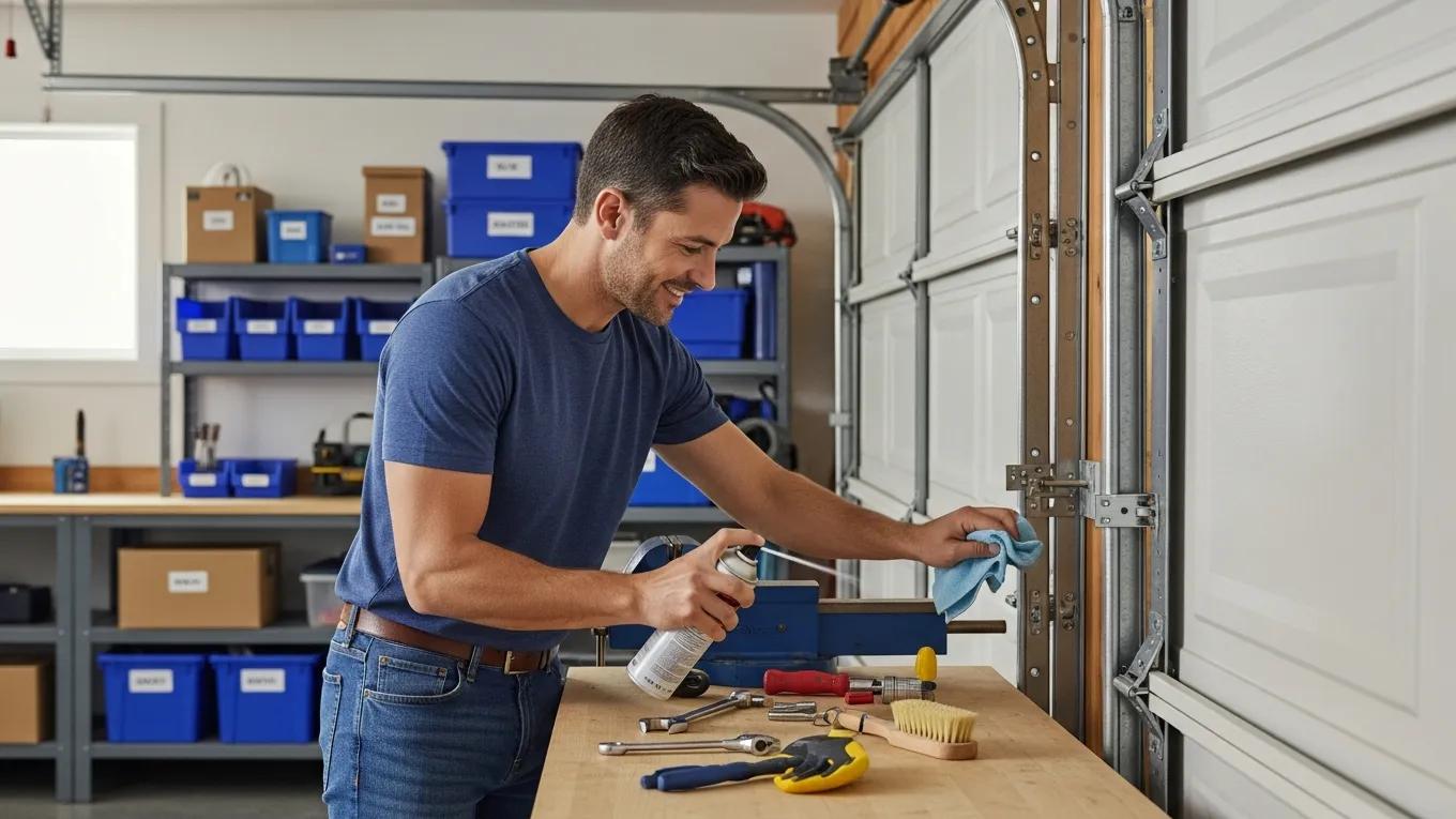 Homeowner performing regular maintenance on a garage door, emphasizing preventive care and upkeep