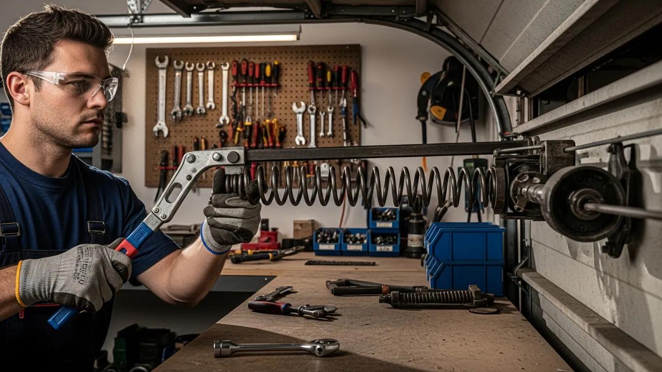 Professional technician inspecting garage door springs for repair solutions