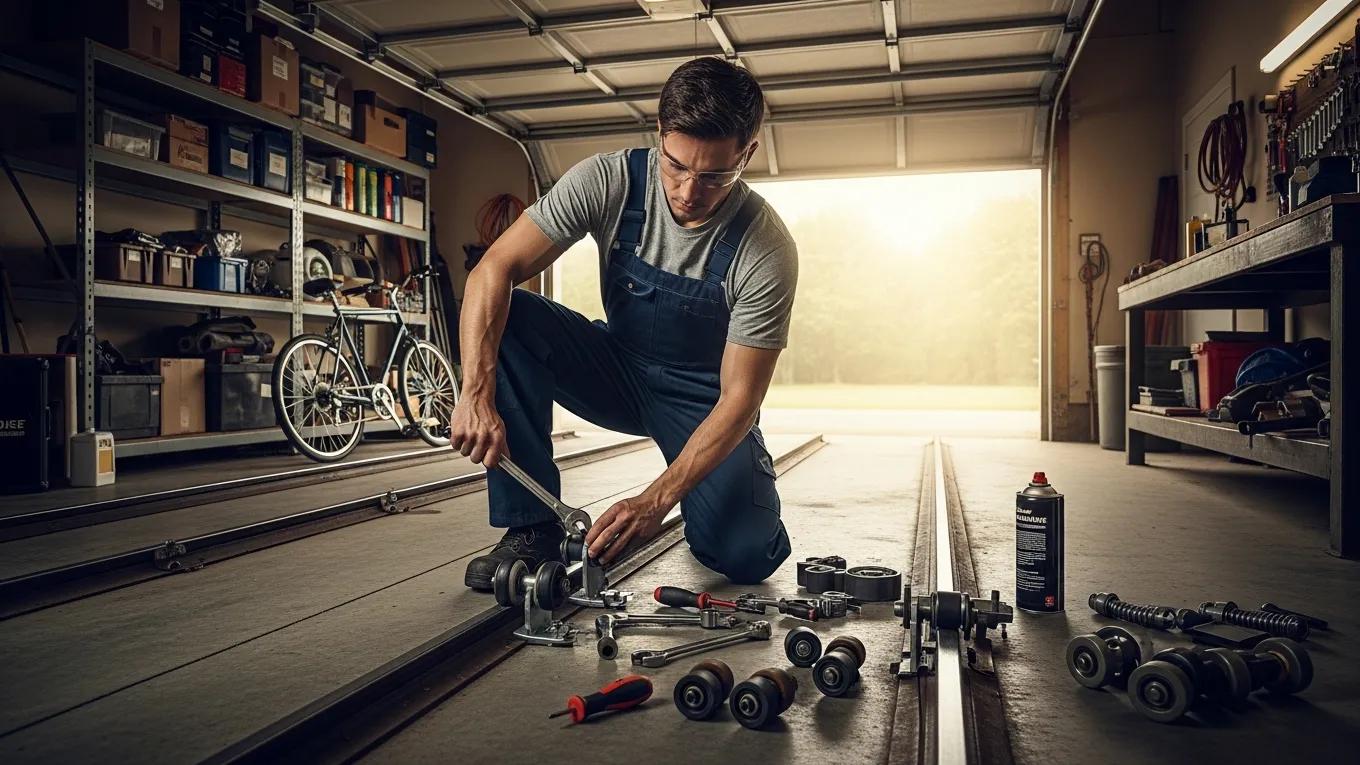 Technician actively replacing garage door rollers in a workshop setting