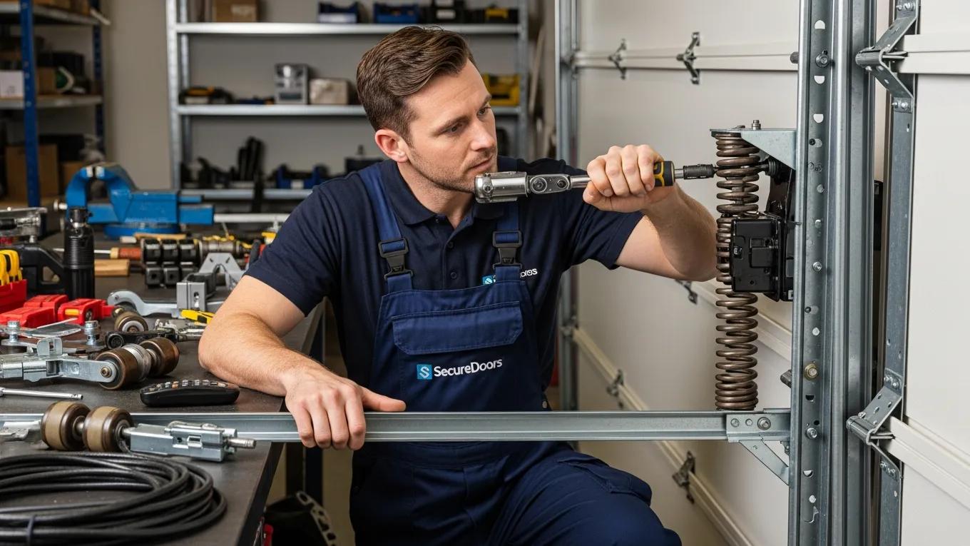 Technician repairing a garage door, illustrating expert solutions to common garage door issues