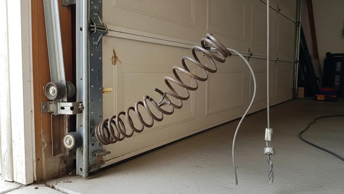Visual representation of common garage door problems including broken springs, misaligned tracks, and worn cables