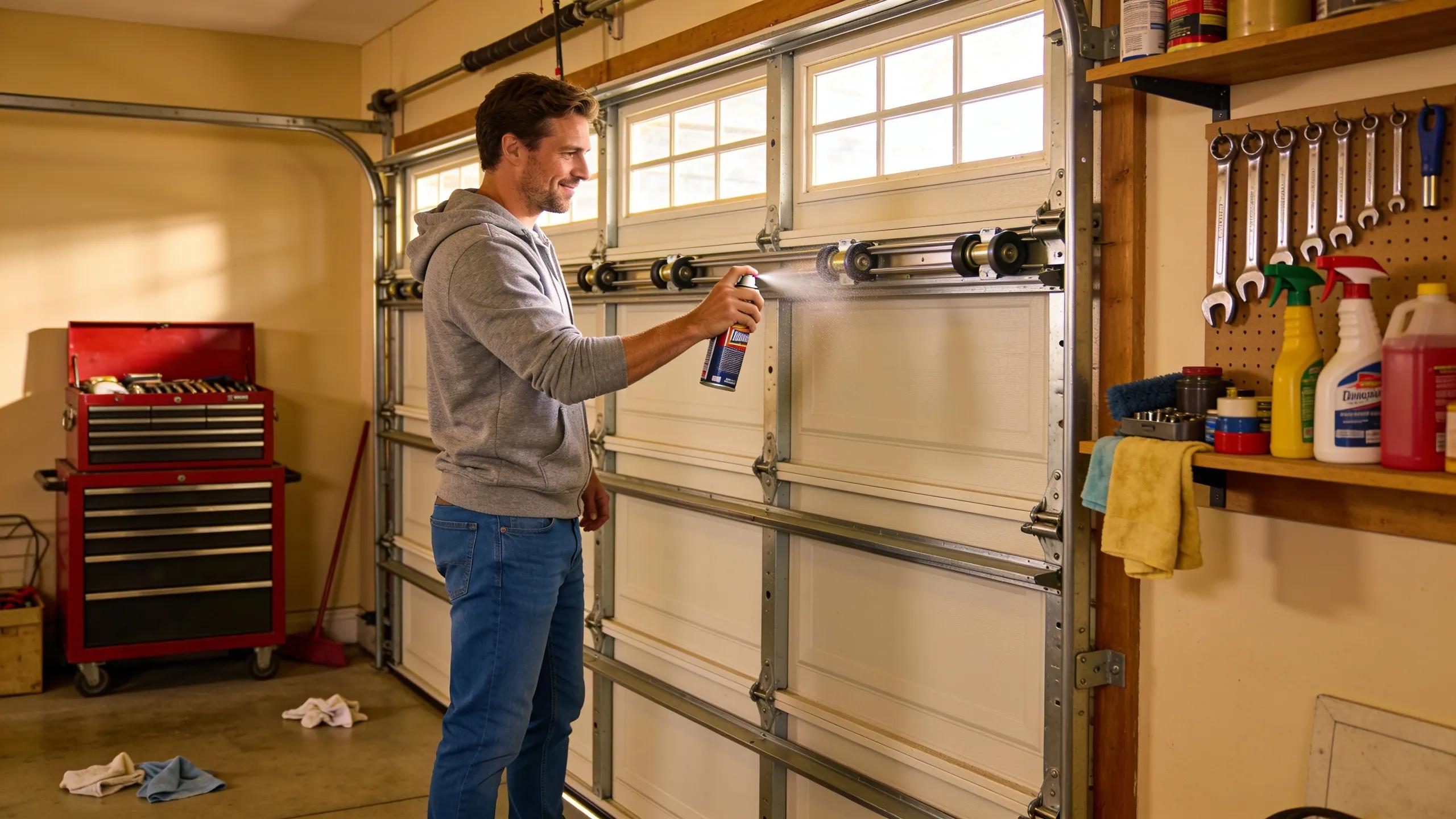 Homeowner applying lubricant to garage door components, emphasizing tips for effective resolution and maintenance