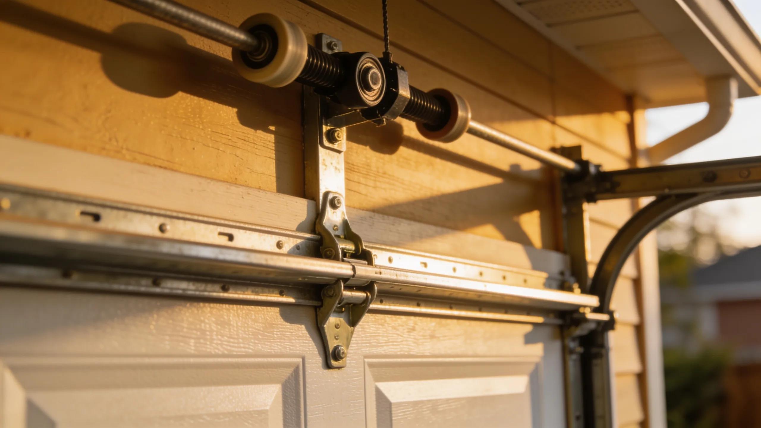 Close-up view of a garage door off its tracks, highlighting the mechanisms involved in its operation