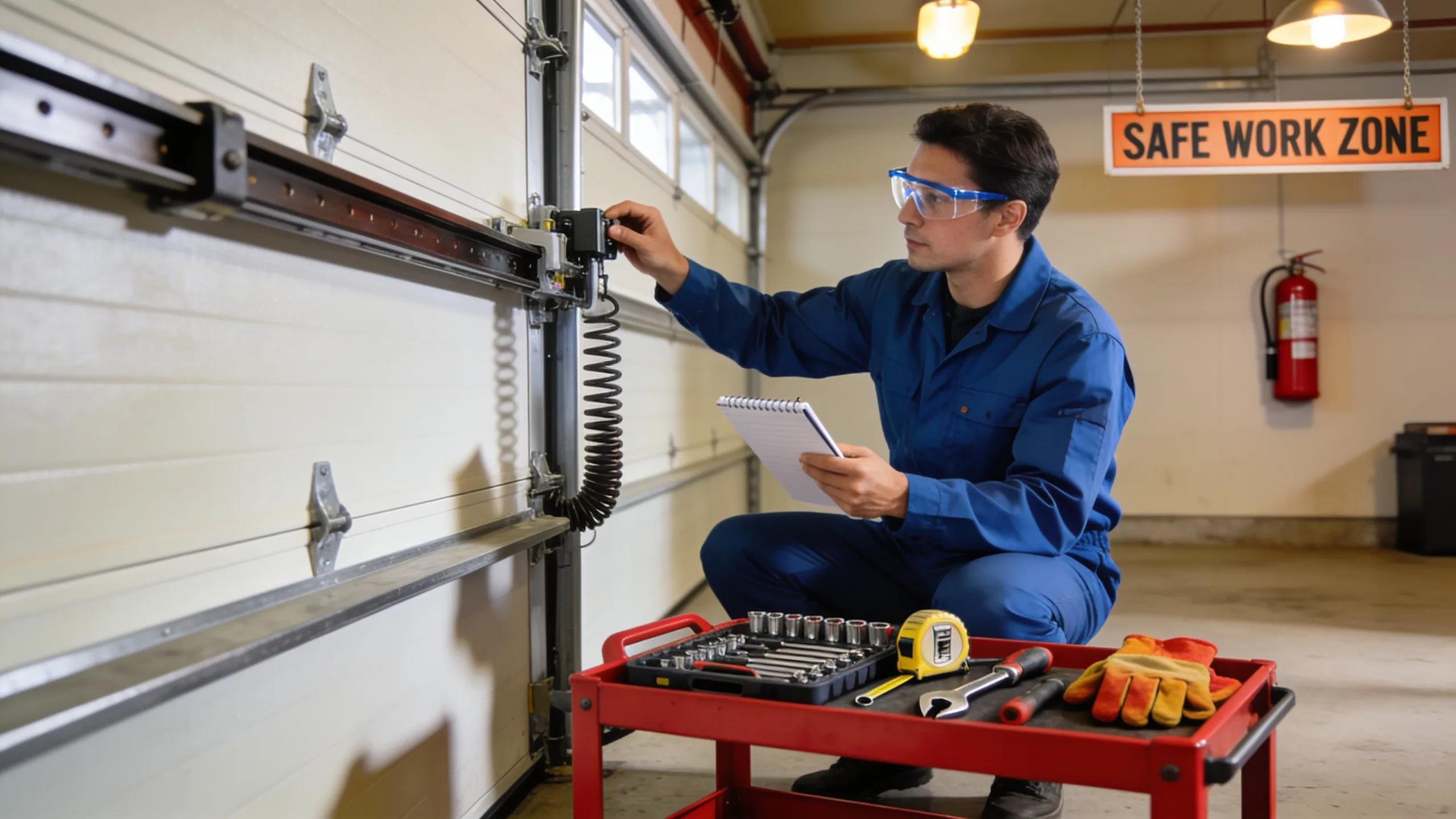 Person assessing a garage door system with tools ready for repair, emphasizing safety and preparedness
