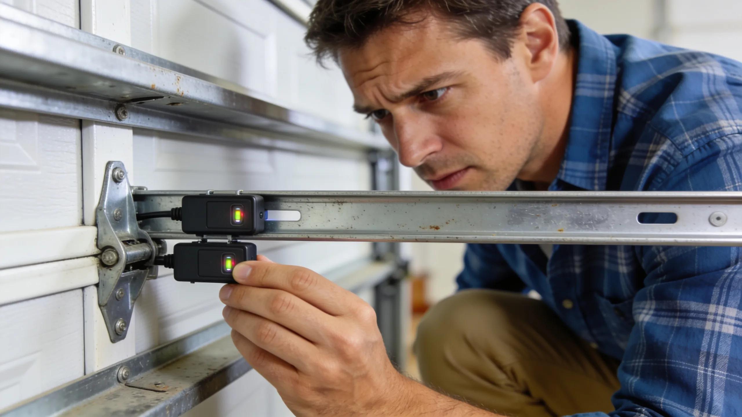 Homeowner troubleshooting garage door mechanisms highlighting inspection and maintenance techniques