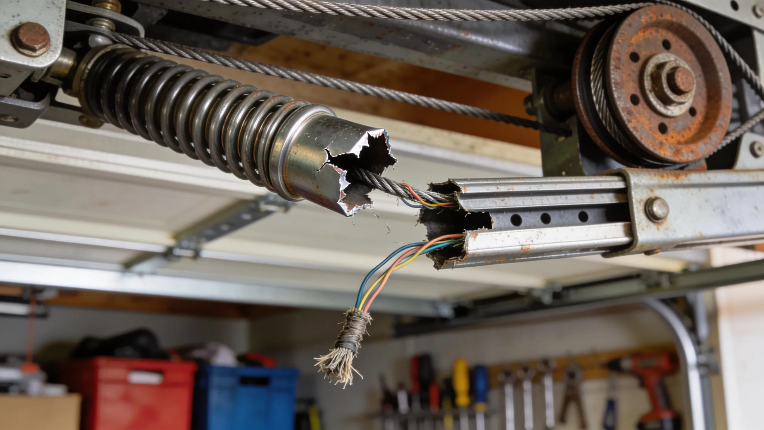 Close-up of garage door springs and cables illustrating common mechanical issues affecting door closure