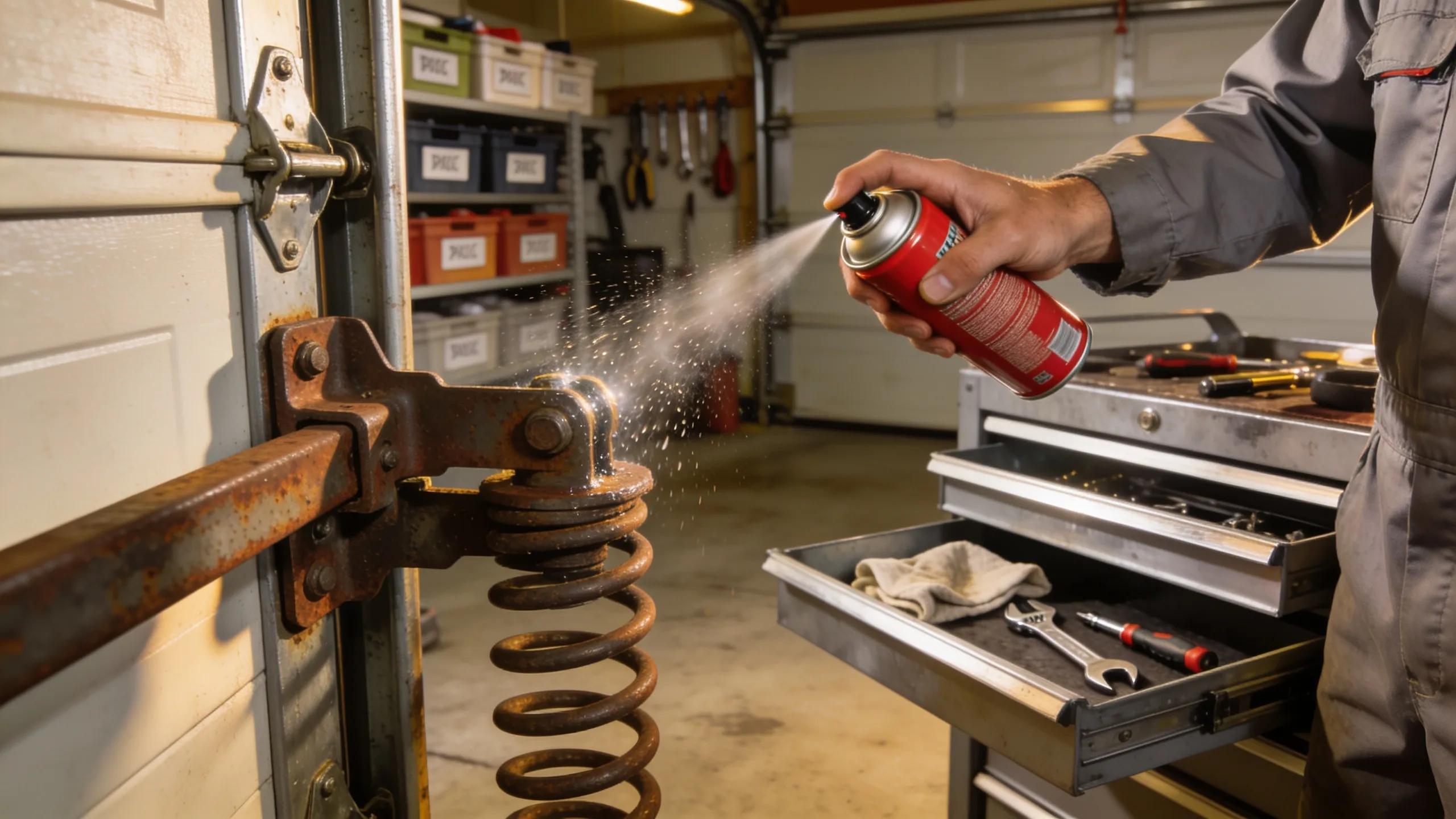 DIY garage door lubrication process demonstrating effective maintenance techniques and tools