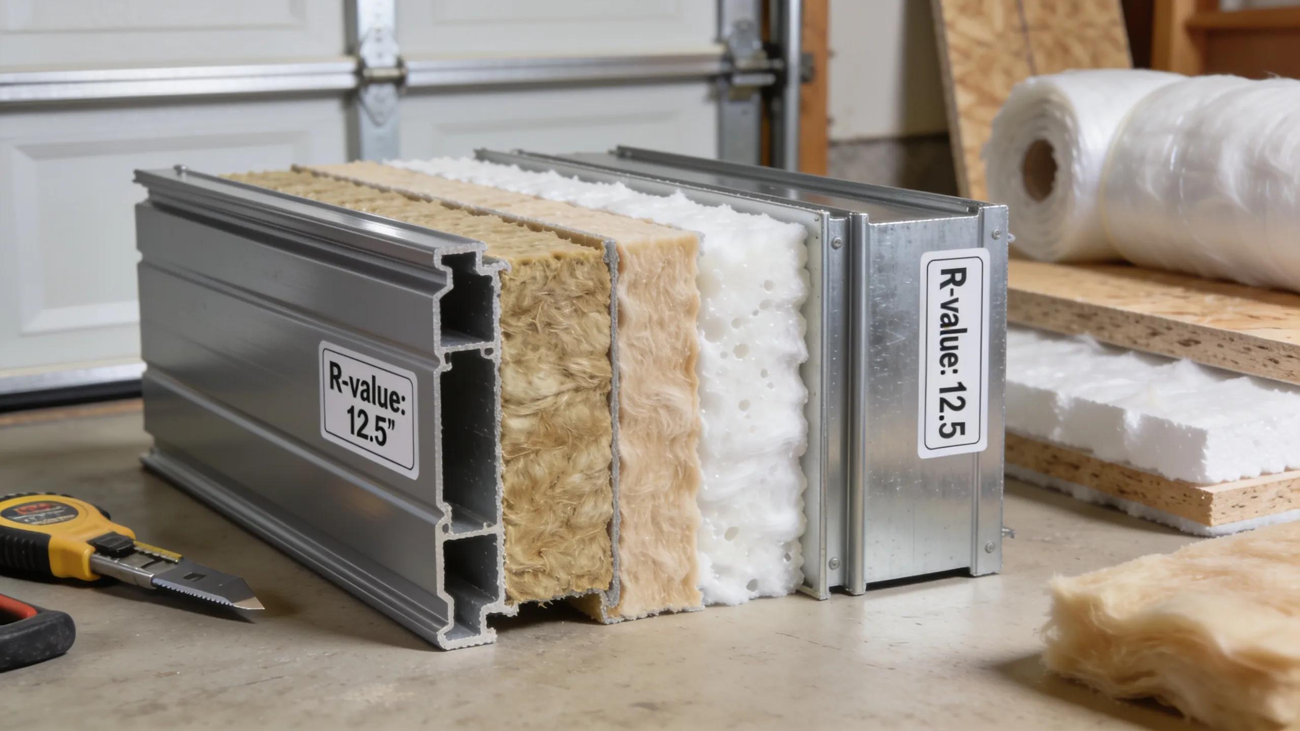 Close-up of insulated garage door sections showcasing materials for energy efficiency