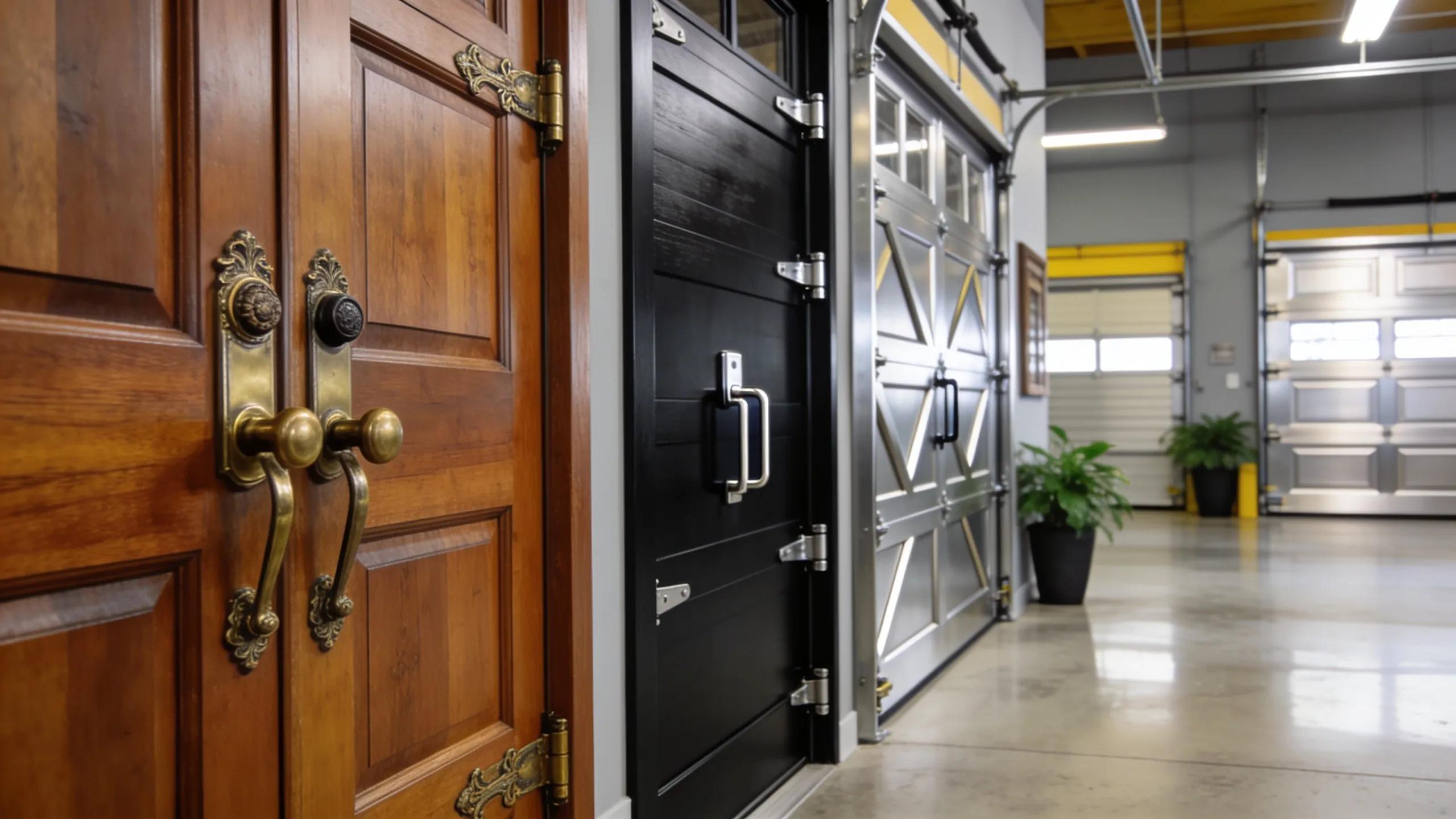 Showroom display of various custom garage door options showcasing different materials and designs