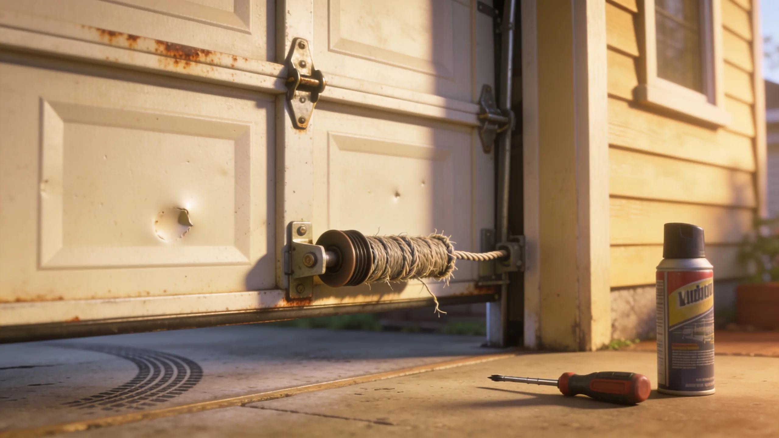 Garage door partially open depicting maintenance tools, highlighting troubleshooting for door closure issues